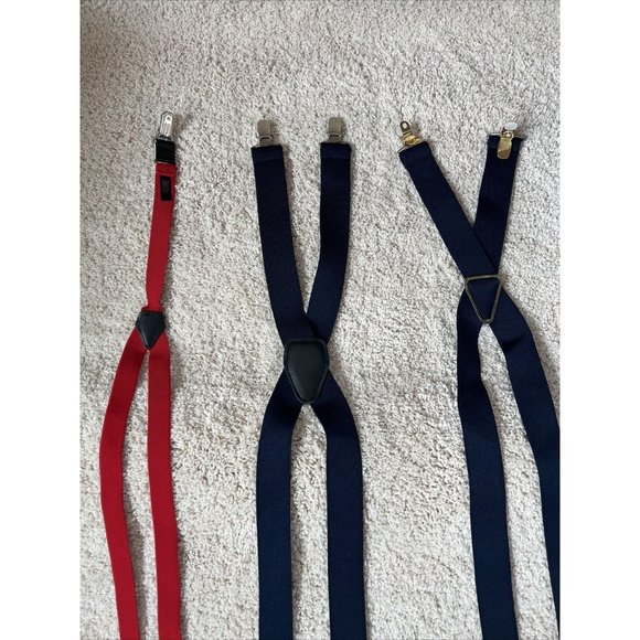 LOT of 3 pairs Mens Suspenders clip metal solid red blue Navy - Picture 3 of 11